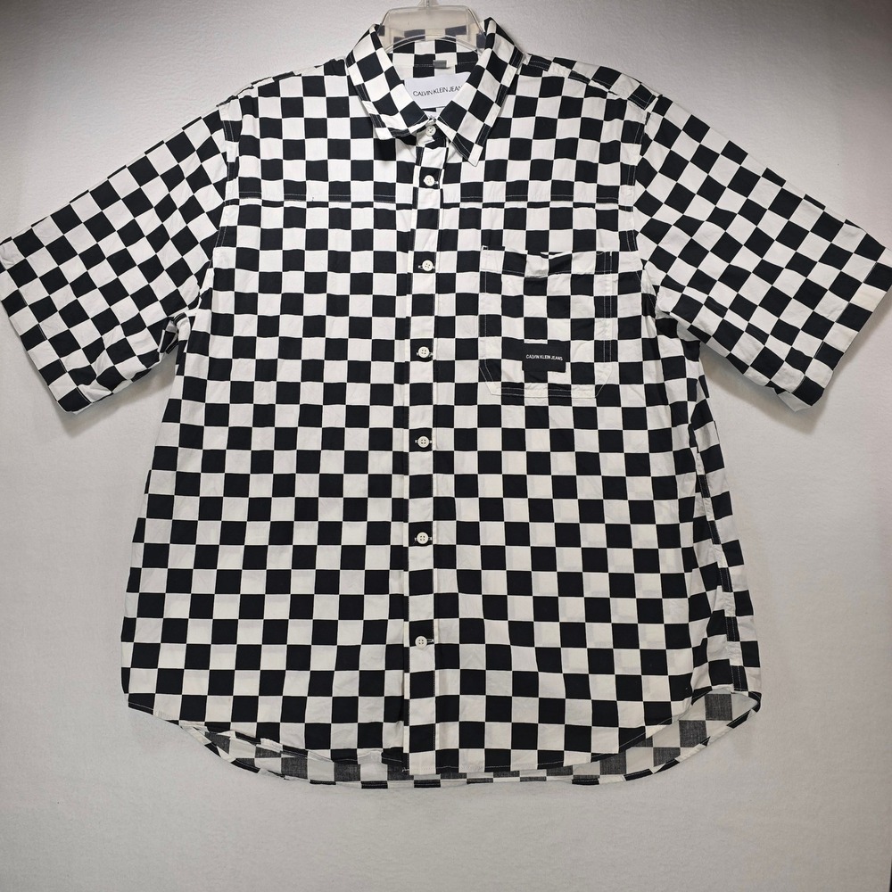 Calvin Klein Jeans Mens XXL Relaxed Fit Checkerboard Short Sleeve ButtonUp Shirt